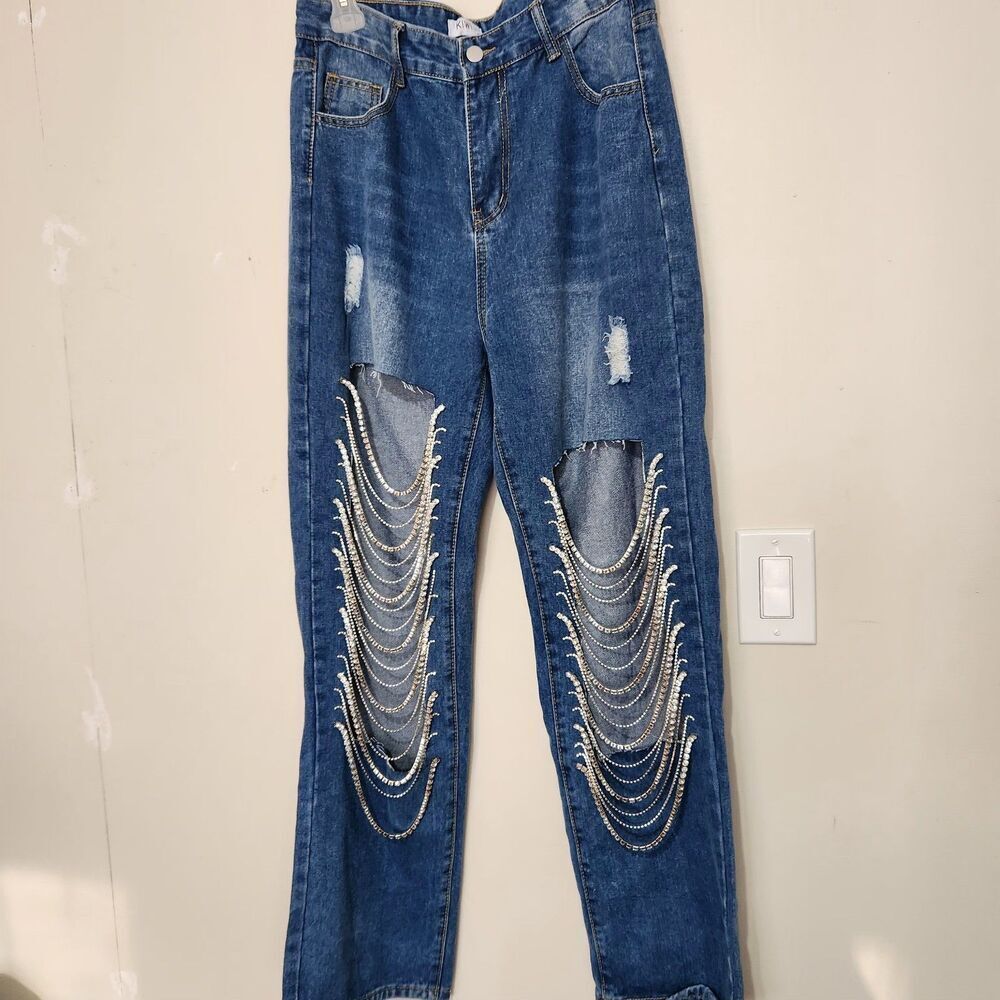 Kiwi Denim Jeans Size Large Blue Color Drop Rhinestones. - Picture 3 of 16